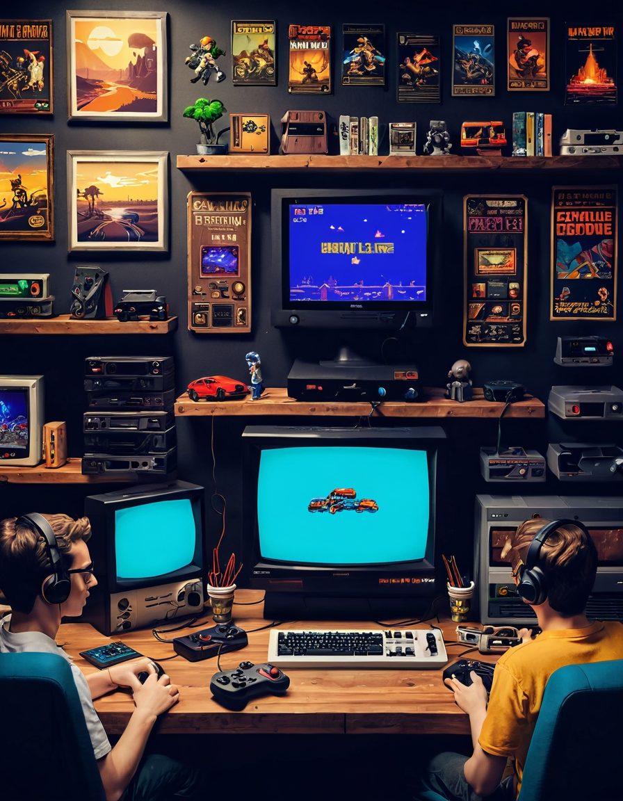 A nostalgic gaming scene featuring a diverse group of gamers, both young and old, gathered around vintage consoles and pixel art screens, immersed in classic games. Add retro gaming memorabilia like cartridges and posters in the background, with a warm, inviting atmosphere. The setting should subtly blend modern and retro styles, symbolizing the journey from newbie to pro in gaming. vibrant colors. pixel art.
