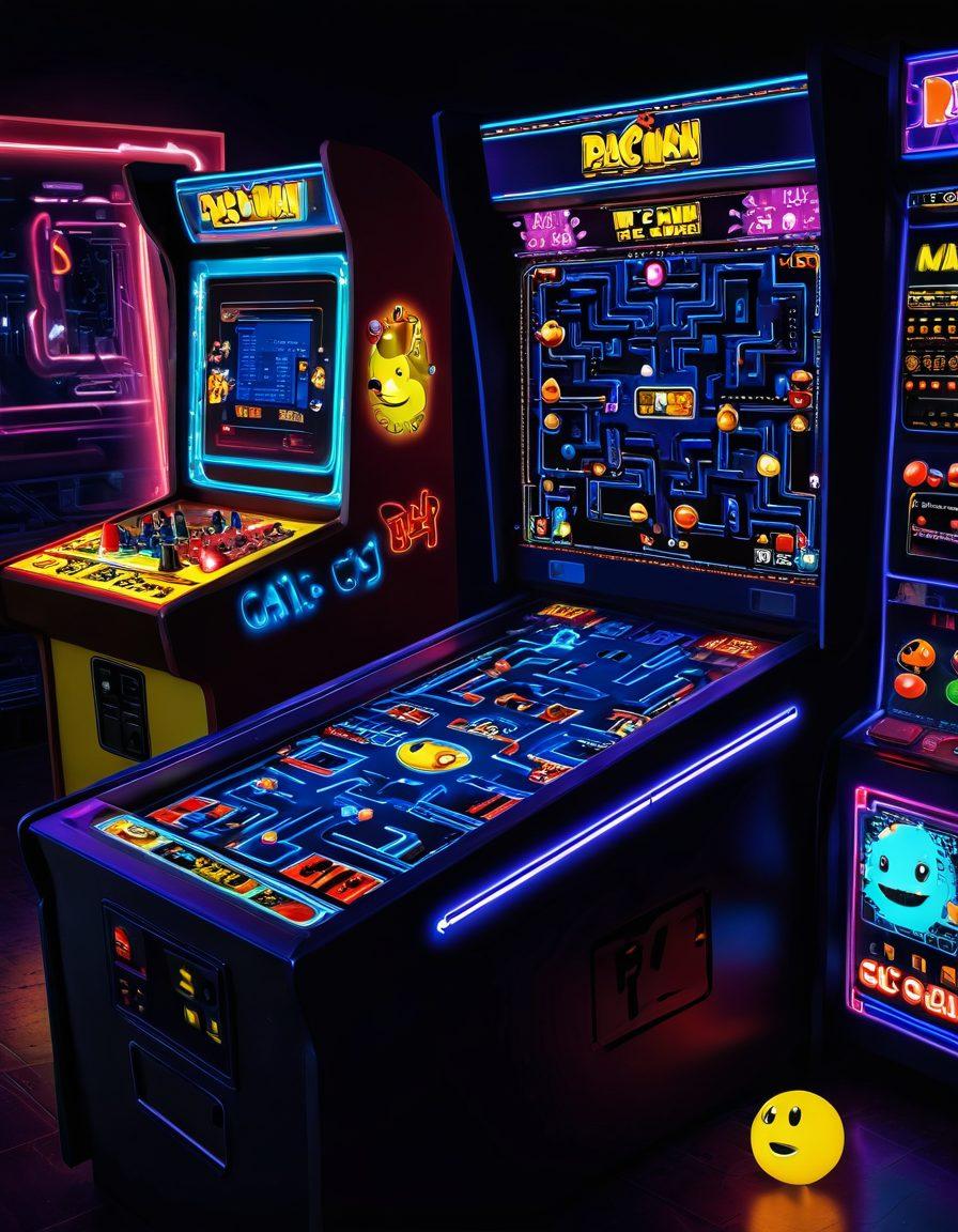 A vibrant, retro-style arcade scene featuring Pac-Man navigating a colorful maze filled with fruits and ghosts. In the background, an expert gamer is sharing tips on a glowing screen, with glowing arrows pointing towards power-ups. The scene is illuminated with neon lights and 8-bit icons to capture the nostalgic essence of classic gaming. super-realistic. vibrant colors. pixel art.