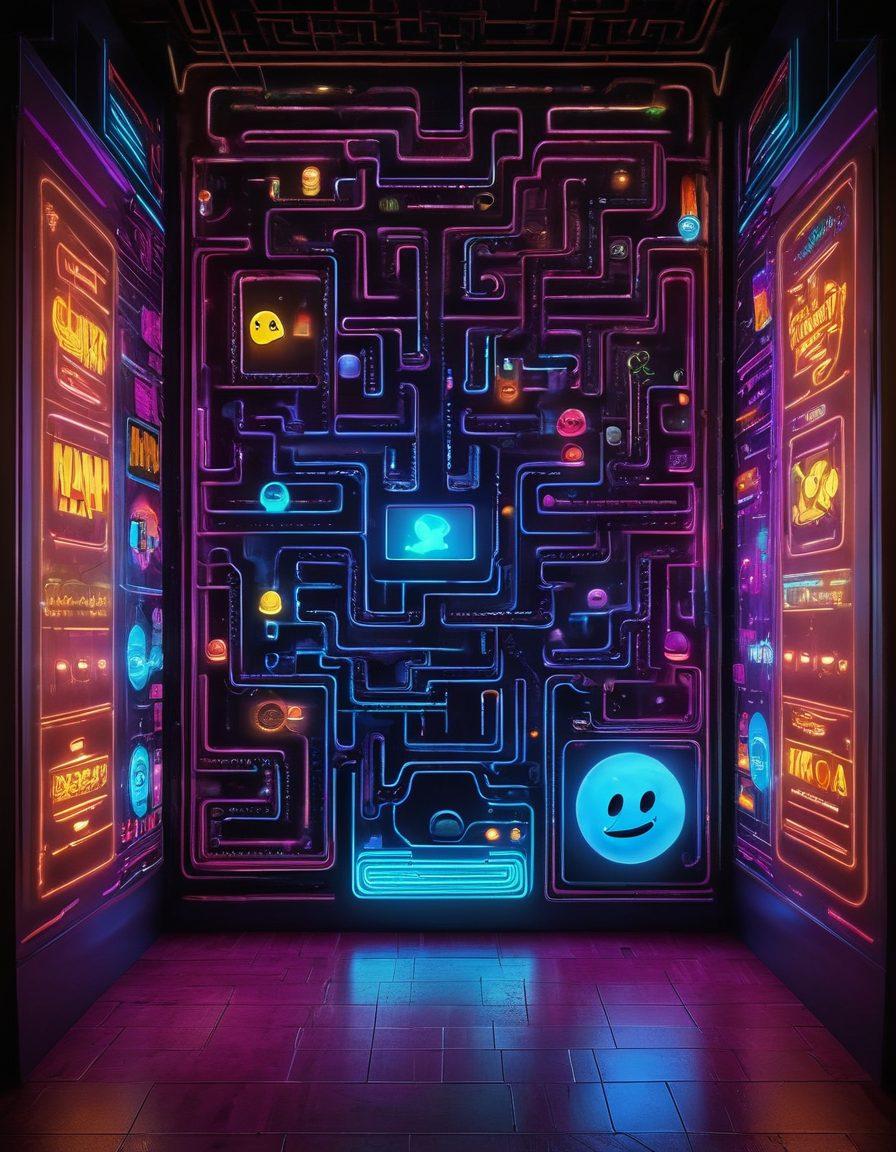 A vibrant arcade scene featuring a neon-lit Pac-Man maze, with Pac-Man and ghosts in motion. In the foreground, a gamer intensely focused on a vintage arcade machine, surrounded by glowing screens displaying tips and strategies. Add bursts of colorful power pellets and fruit icons around the maze, creating an energetic atmosphere. Include hints of a cheering crowd in the background. super-realistic. vibrant colors. retro style.